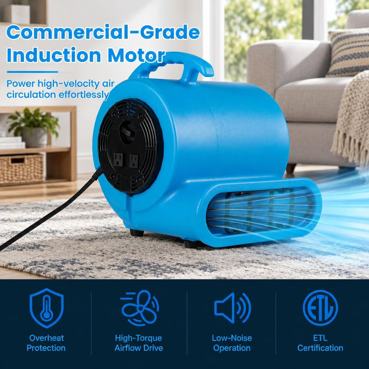 Airfind 1/2 HP Air Mover 3-Speed 2800 CFM Commercial Blower Fan, Polypropylene Frame, 14.5 Inch x 15 Inch x 15.1 Inch Length of Footprint, Blue