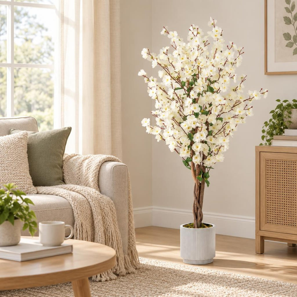 AIRFIND Artificial Plum Blossom Tree 47 in with White Fabric Flowers, Wood Trunk and Cement-Filled Pot for Home and Office Decor