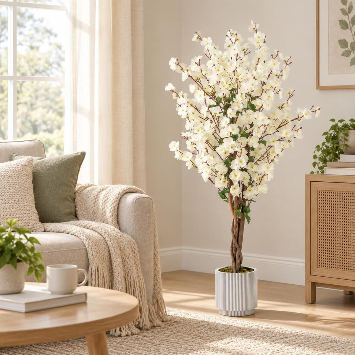 AIRFIND Artificial Plum Blossom Tree 47 in with White Fabric Flowers, Wood Trunk and Cement-Filled Pot for Home and Office Decor