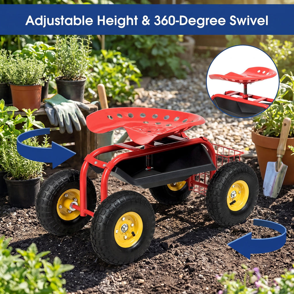 Airfind Red/Green Garden Cart Rolling Work Seat With Heavy Duty Tool Tray Gardening Planting, 33 x 16 x 22 Footprint, Red