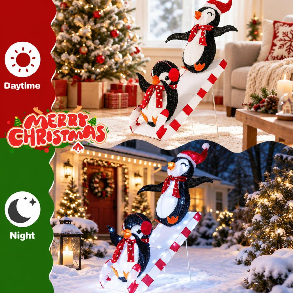 Airfind Lighted Christmas Decoration Penguins 3D Pre-Lit Penguins Slide with 170 LED Lights, Metal Frame, Multi-color
