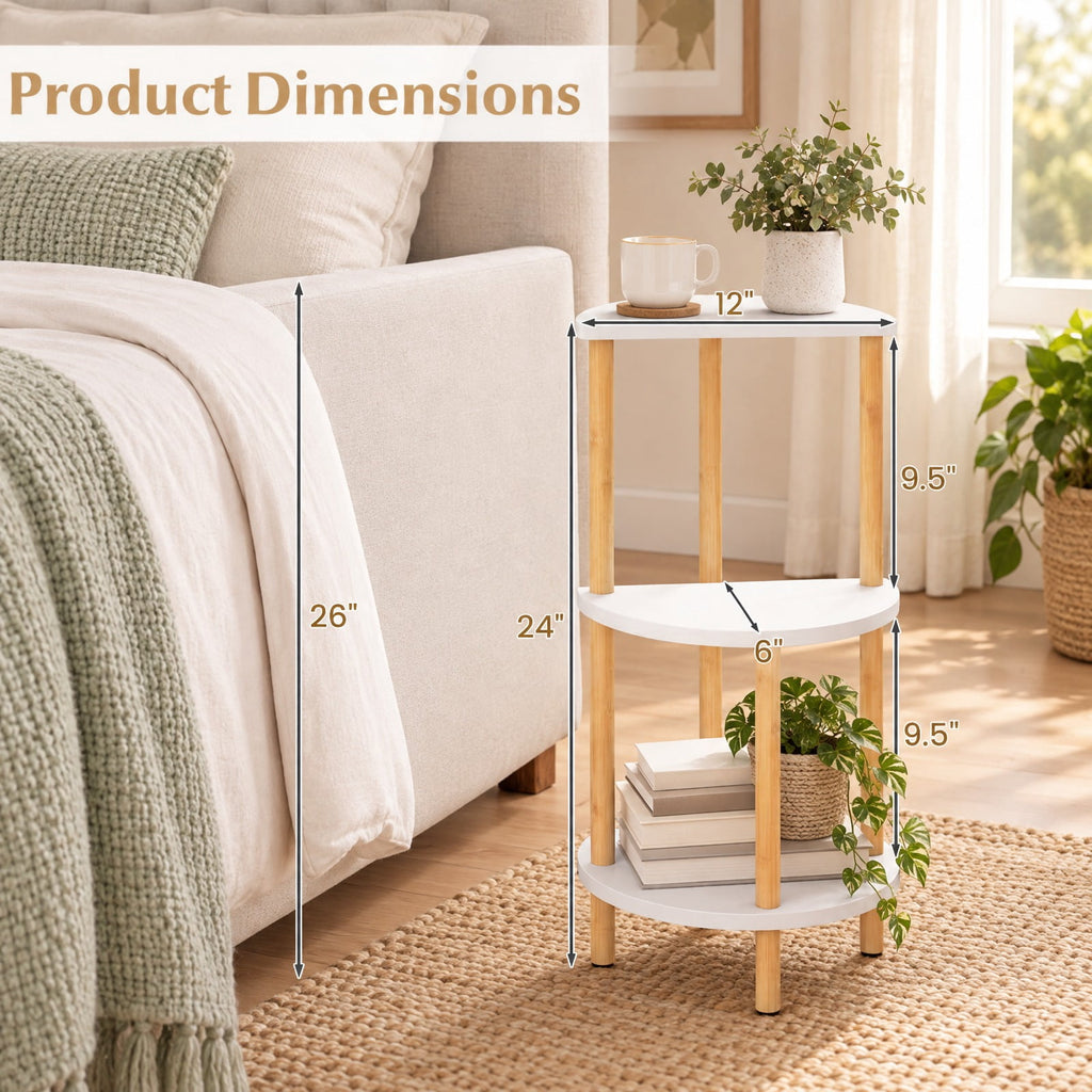 Airfind Set of 2 Round Side Table Compact with 3-Tier Shelves and Bamboo Construction, 11 lbs Capacity, Bamboo Frame, White