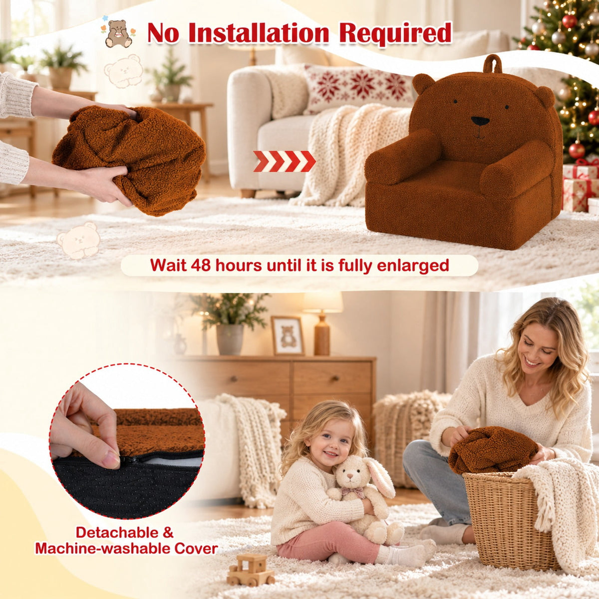 Airfind Kids Bear Sofa Toddler Foam Couch with Soft Fleece Fabric Cover, Teddy Fleece Fabric Frame, for 3+ years old, 20 x 16 x 18 Footprint