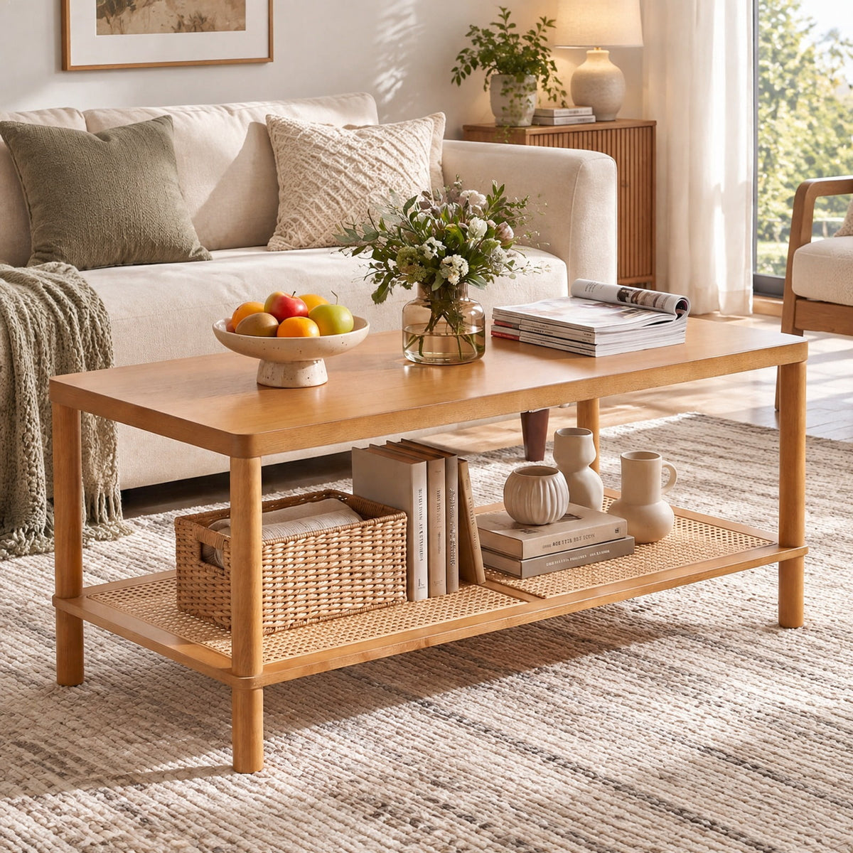 Airfind 2-Tier Boho Coffee Table for Living Room Rectangular Center Table with Rubber Wood Frame and PVC Rattan Storage Shelf, 185 lbs Capacity