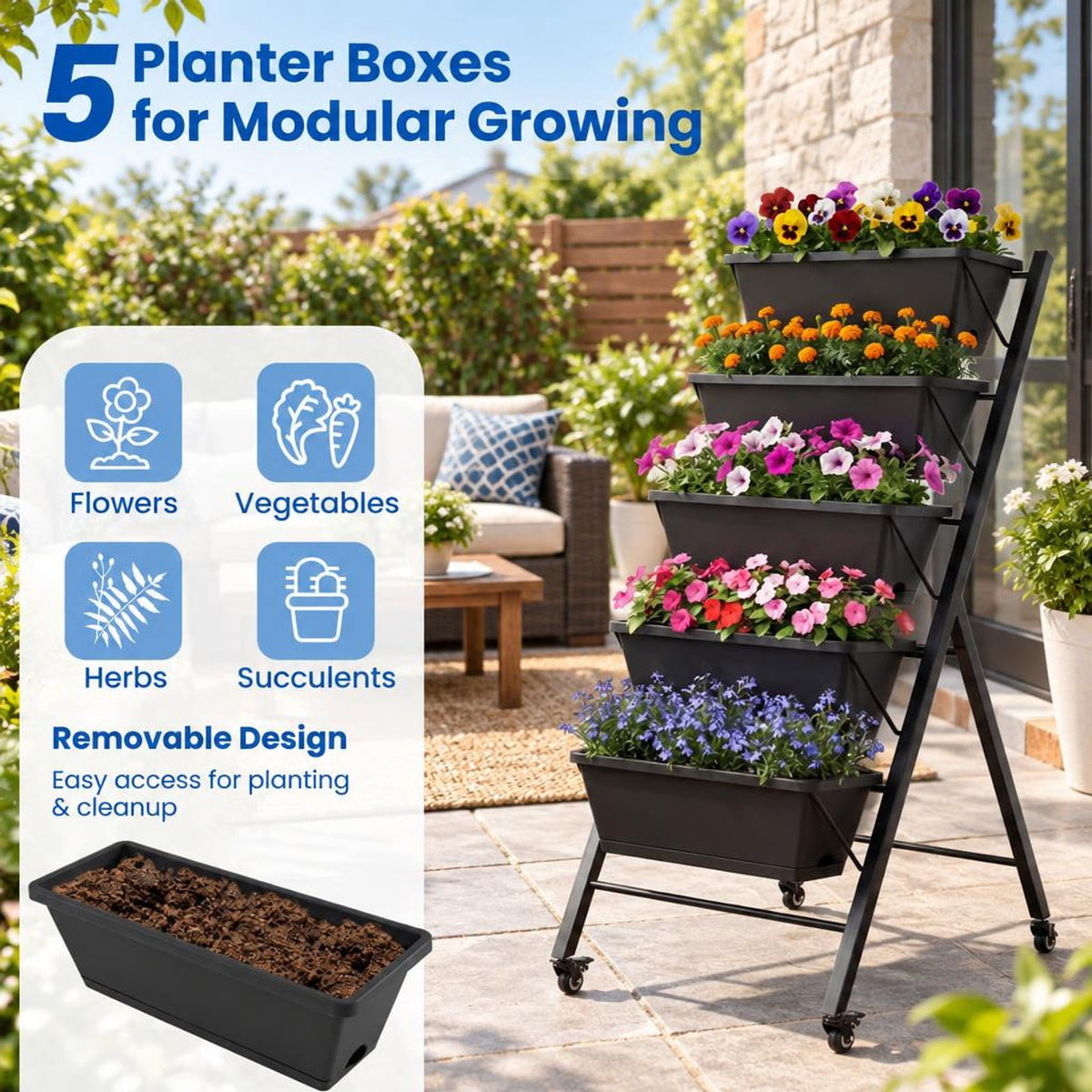 Airfind 5, 22 lbs Capacity, PP Metal Frame, 23 x 27 x 46 Footprint, Black, 5 planter boxes for modular growing