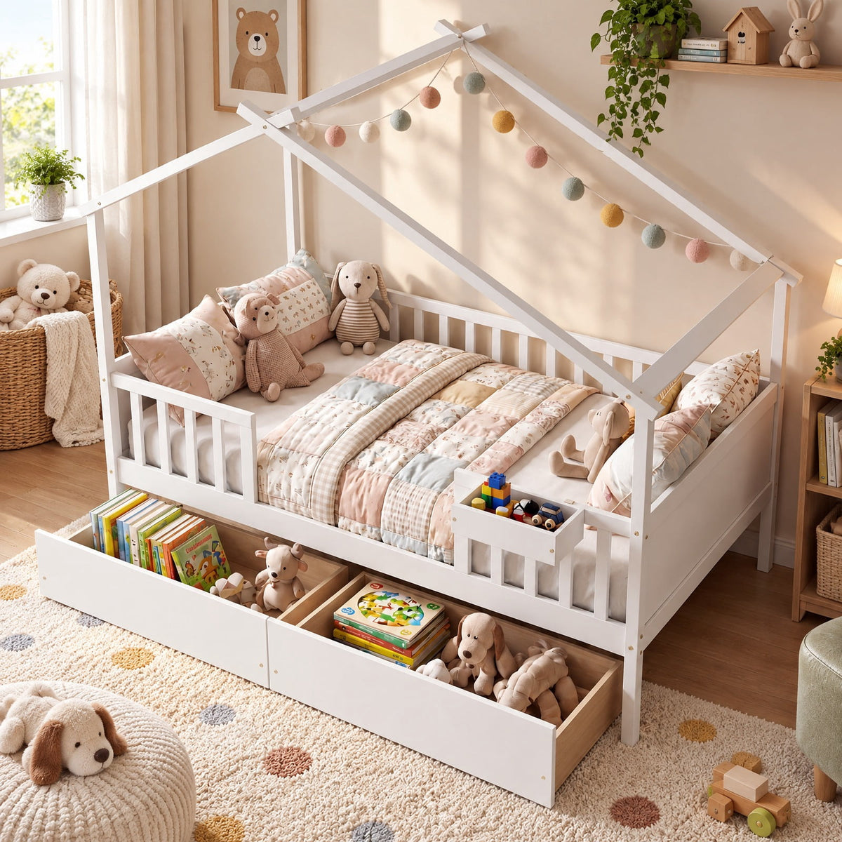Airfind Full Size House Bed with Roof and Fence Rails for Kid, 550 lbs Capacity, Pine Wood Plywood MDF Engineered Wood Frame, White
