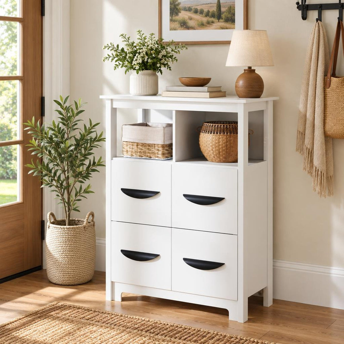 Airfind 24 Inch Floor Cabinet with 2 Open Compartments and 2 Drawers, MDF Engineered Wood Frame, 24in x 12in x 31.5in Footprint, White