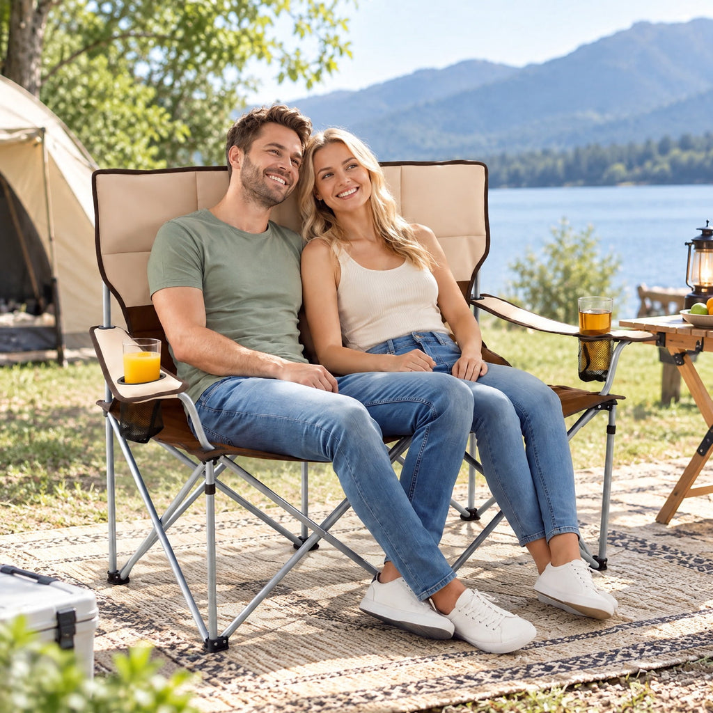 Airfind Double Camping Chair with Carry Bag Cup Holders, 660 lbs Capacity, Metal Oxford Fabric Sponge, 40 Inch x 20.5 Inch x 36.5 Inch , Brown