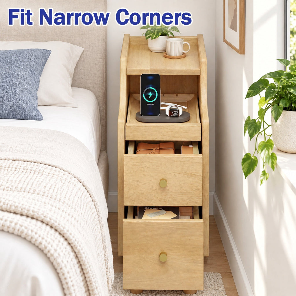 Airfind Solid Wood Night Side Table Narrow Bedside Table Nightstand with Pull-out Tray and 2 Storage Drawers, 55 lbs Capacity, Natural
