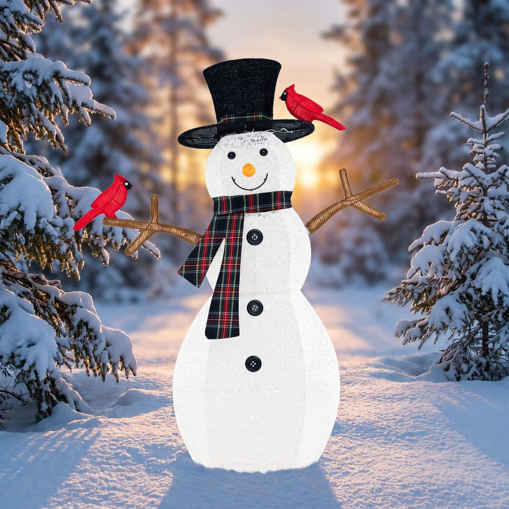 Airfind 4.2 Feet Lighted Snowman and Redbirds Christmas Decoration, Tinsel Fabric Metal Frame, 3.3 x 0.5 x 4.2 ft Footprint, Black+White+Red