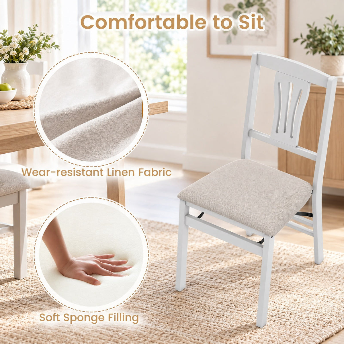 Airfind Folding Kitchen Chairs Set of 2 Upholstered Dining Chairs with Comfy Padded Seats, 375 lbs Capacity, 21 x 17 x 34.5 Footprint, White