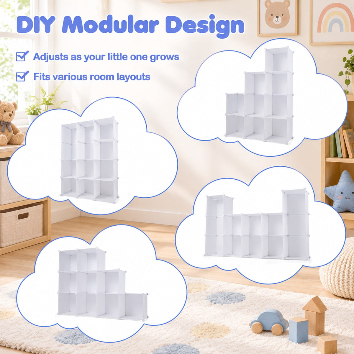 Airfind Modular Baby Wardrobe with 10 Cubes Hanging Rod and Shelves Stackable, 6.5 lbs Capacity, PP Frame, 43 x 14 x 57 Footprint, White