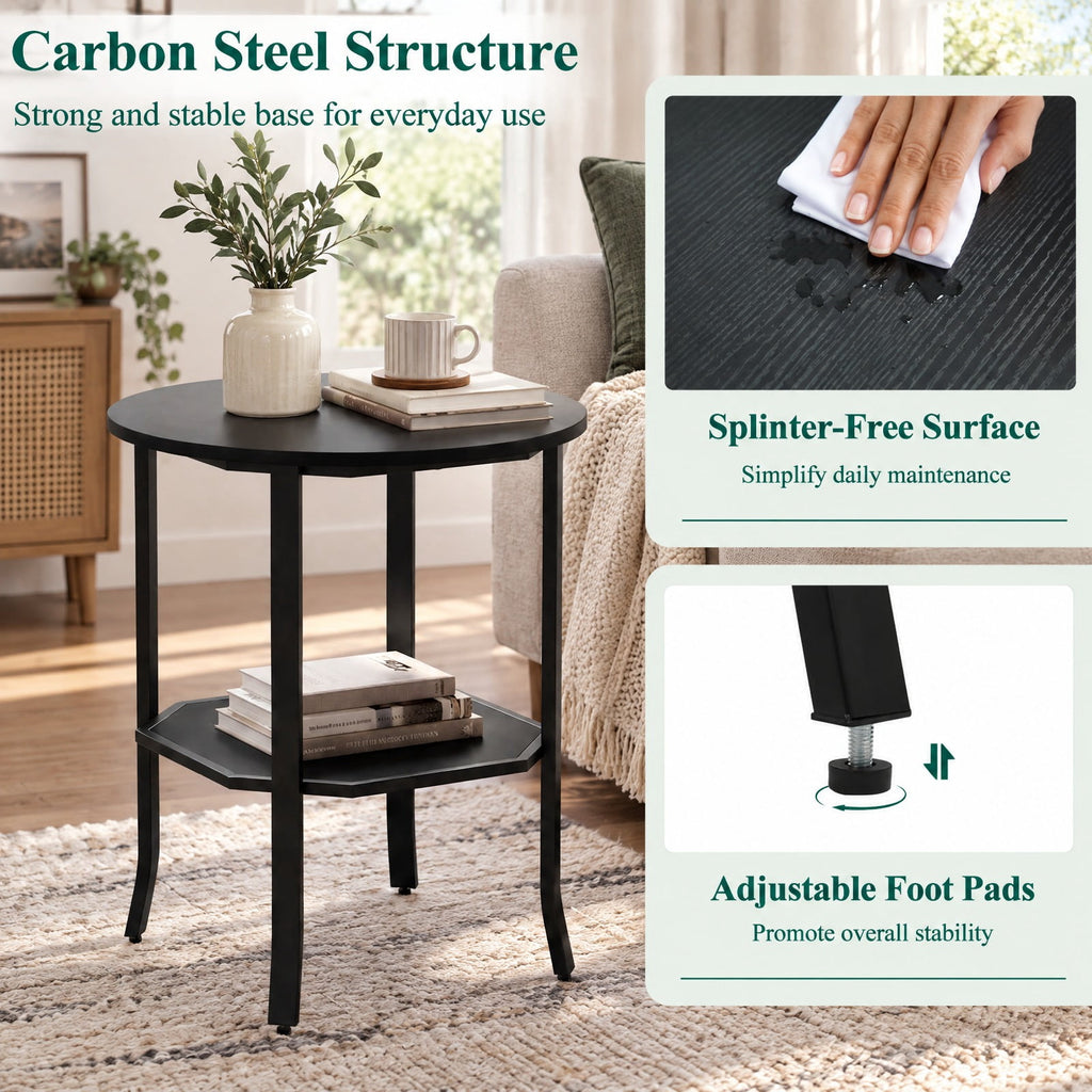 Airfind Round Side Table Small End Table with Storage Shelf 2-Tier Nightstand for Small Space, 90 lbs Capacity, Engineered Wood Carbon Steel Frame