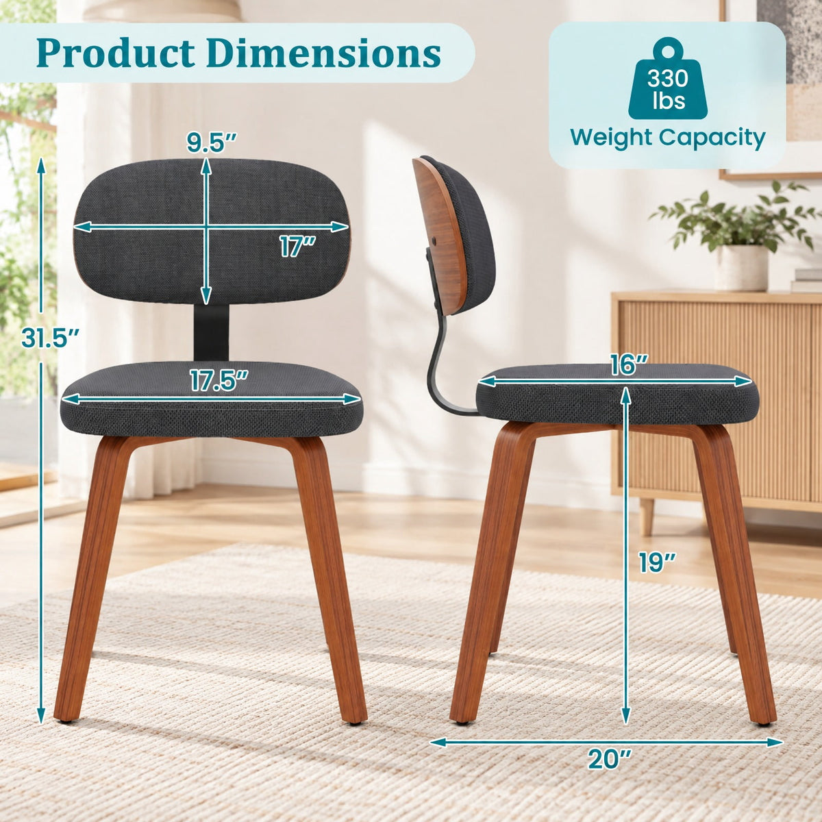 Airfind Chenille Fabric Upholstered Wooden Kitchen Chairs Set of 4, Chenille Sponge Bentwood Metal Frame, 330 lbs Capacity, Dark Gray