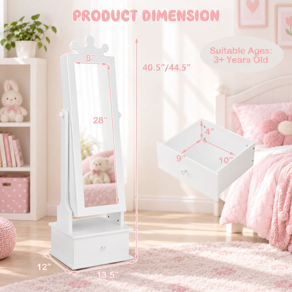 Airfind 2-in-1 Kids Play Jewelry Armoire with Full Length Mirror and Drawers, MDF Glass Frame, for 3+ Years Old, 13.5 x 12 x 40.5/44.5 Footprint