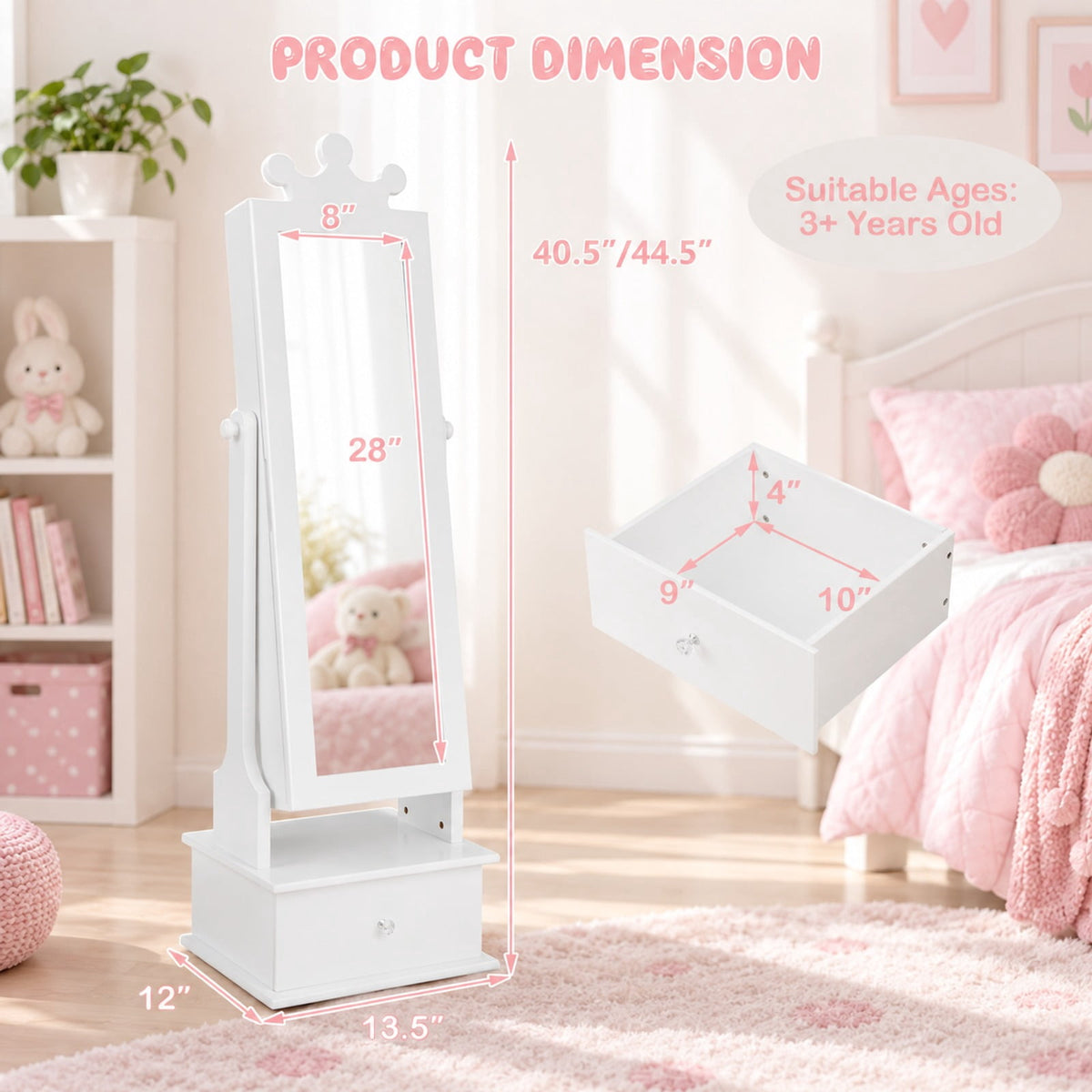 Airfind 2-in-1 Kids Play Jewelry Armoire with Full Length Mirror and Drawers, MDF Glass Frame, for 3+ Years Old, 13.5 x 12 x 40.5/44.5 Footprint