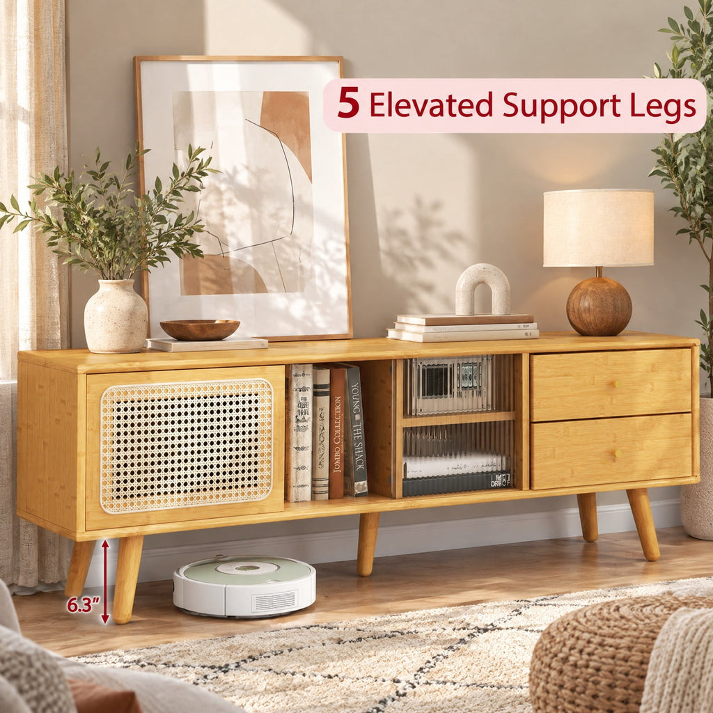 Airfind TV Stand, Bamboo, for TV up to 65 Inch, 155 lbs Capacity, Wood PE Rattan Glass Frame, 55 Inch x 12 Inch x 18 Inch Interior Footprint, Natural