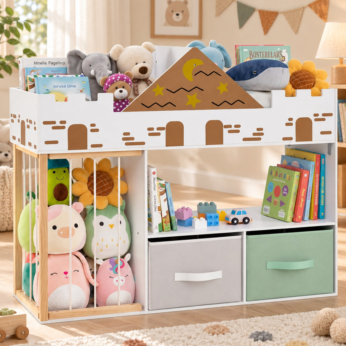 Airfind Toy Storage Organizer with Stuffed Animal Storage and Open Shelves, 35 lbs Capacity, Engineered Wood Pine Wood Cotton PP Frame, White