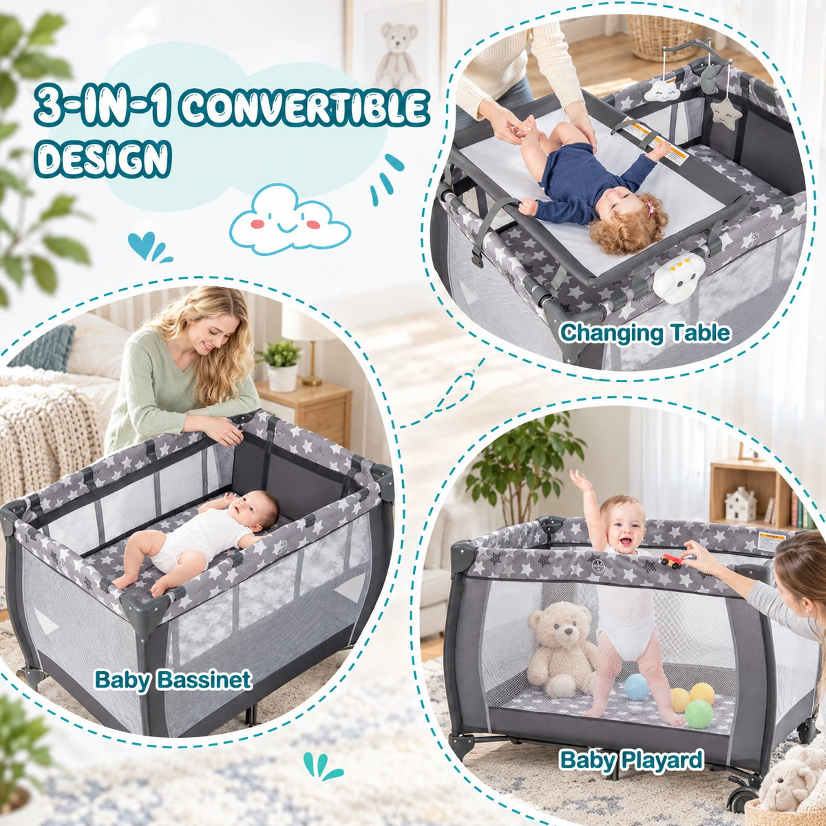 Airfind Portable Baby Playard with Changing Table Bassinet and Music Box, Oxford Cloth Sponge Iron PP Basic Baby Playard Frame, for 0-3 years old