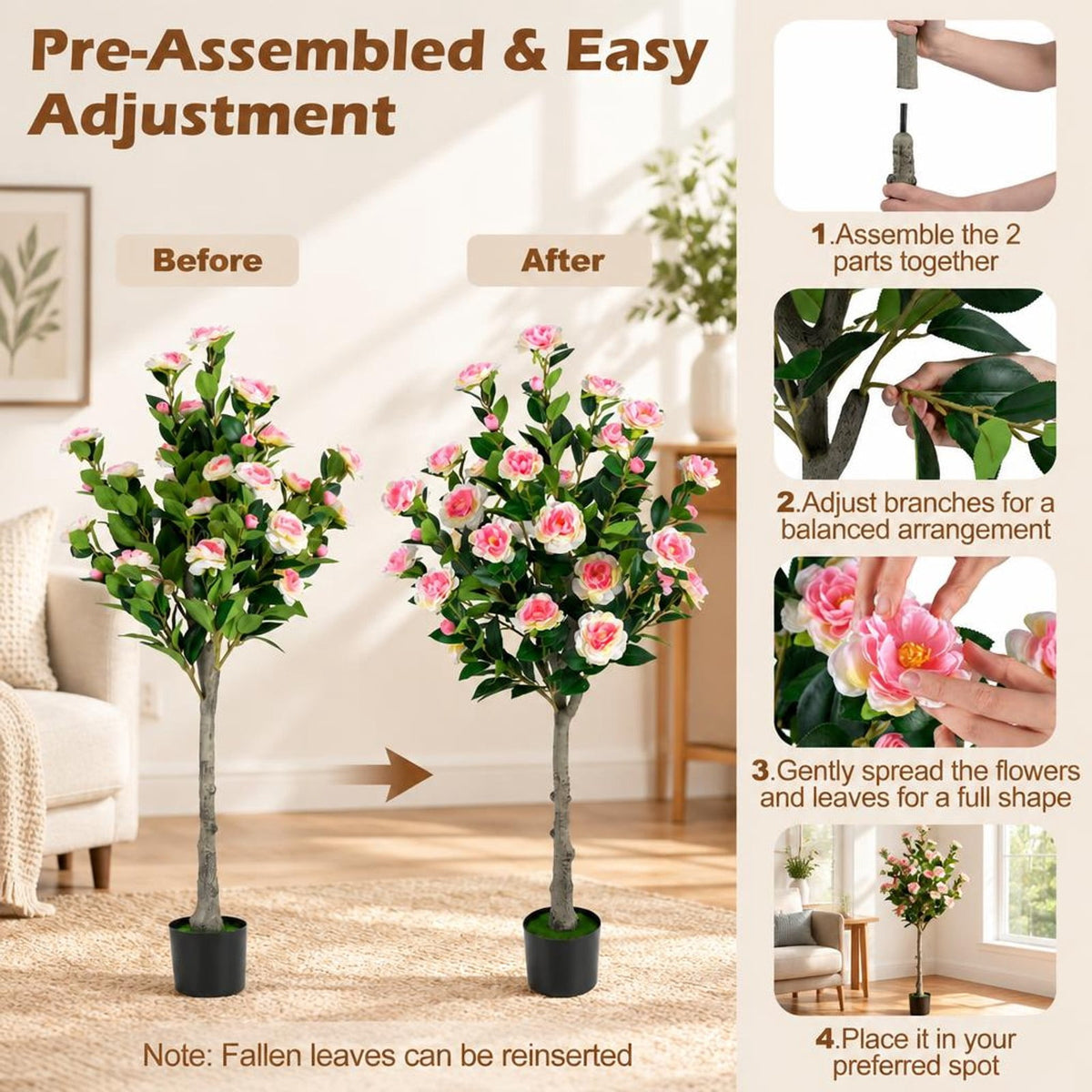 Airfind Set of 2 Artificial Camellia Tree with 27 Blossoms in Cement Pot for Home, Pink Green Black