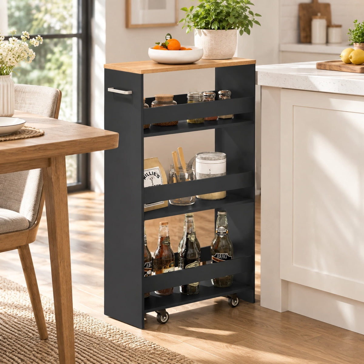 Airfind 4-Tier Rolling Storage Cart Slim Kitchen Cart on Wheels with Open Shelves and Handle, 15 lbs Capacity, Engineered Wood Metal Frame, Black
