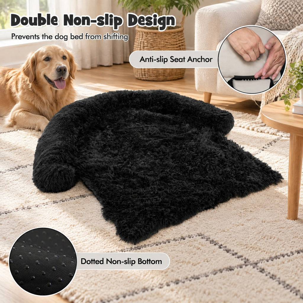 Airfind Plush Calming Dog Couch Bed with Anti-Slip Bottom, S-Size Dog Bed 40 x 35 x 6.5 Footprint, Black