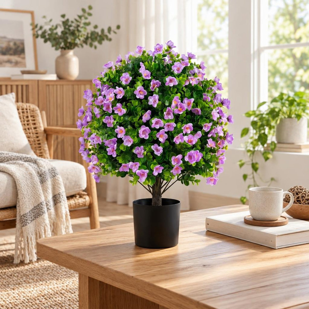 Airfind 2 Pack Artificial Eucalyptus Topiary Trees with Flowers and Cement Planter for Home, PE PP Cement Foam Frame, Purple