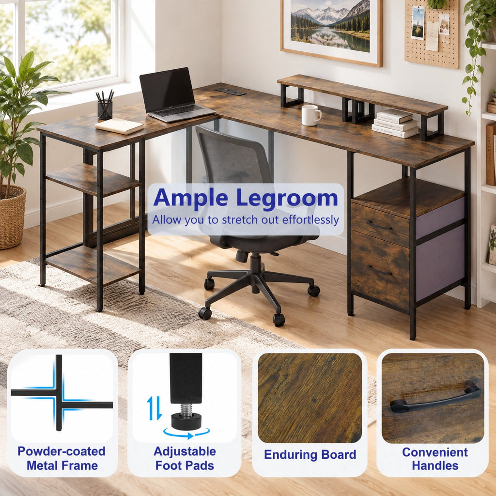 Airfind L Shaped Desk with Power Outlet Reversible Computer Desk with Monitor Stands, 155 lbs Capacity, Engineered Wood Metal Fabric Frame, Brown