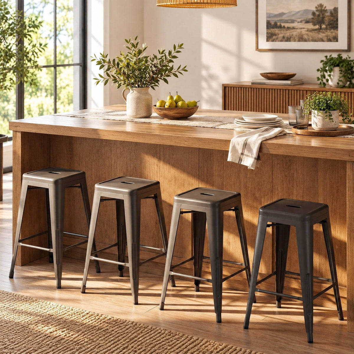 Airfind Set of 4 Metal Bar Stools with Backrests and Footrests, 350 Lbs Capacity, Metal, 18 Inch X 17.5 Inch X 40.5 Inch for Convenient Everyday Use, Gun Metal