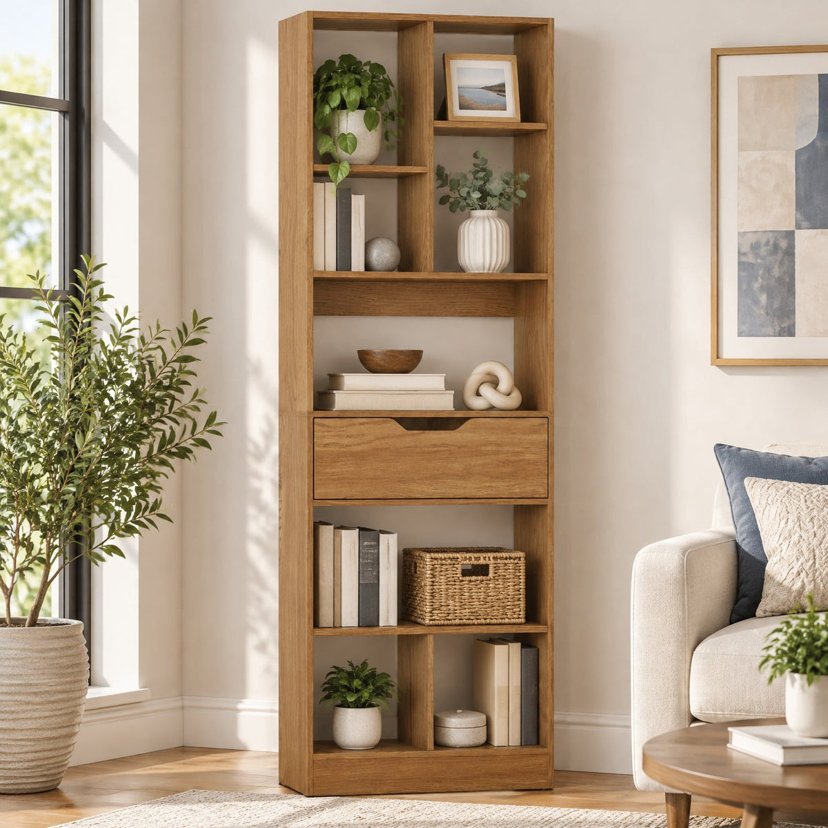 Airfind 61inch Tall Freestanding Bookcase with Drawer 8-Cube Storage Organizer, 187 lbs Capacity, Engineered Wood MDF Frame, Natural