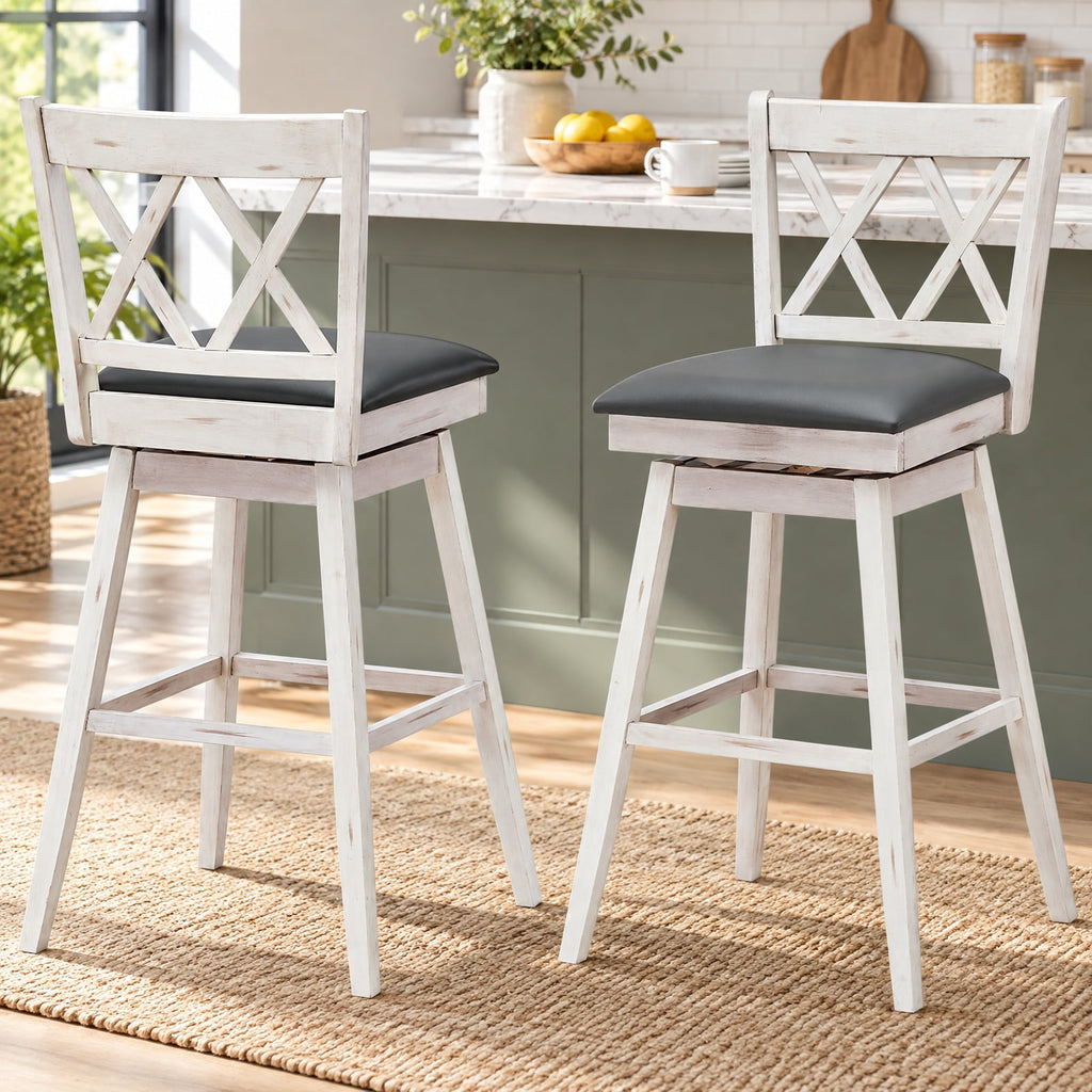 Airfind 2 Pieces 29 Inches Swivel Counter Height Barstool Set with Rubber Wood Legs, 265 lbs Capacity, PVC High density sponge rubber wood Frame