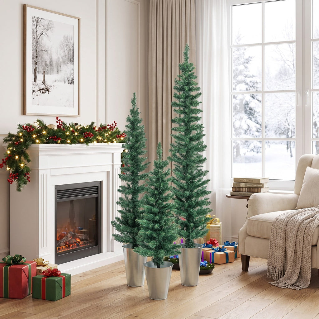 Airfind Set of 3 Potted Artificial Christmas Tree with Silver Metal Buckets, PVC Metal Tree Height 3/4/5 ft Tree Width 1 ft Frame, Silver