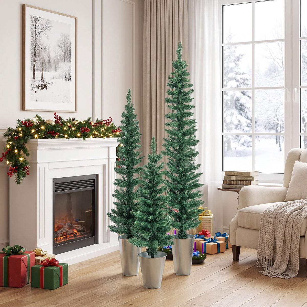Airfind Set of 3 Potted Artificial Christmas Tree with Silver Metal Buckets, PVC Metal Tree Height 3/4/5 ft Tree Width 1 ft Frame, Silver