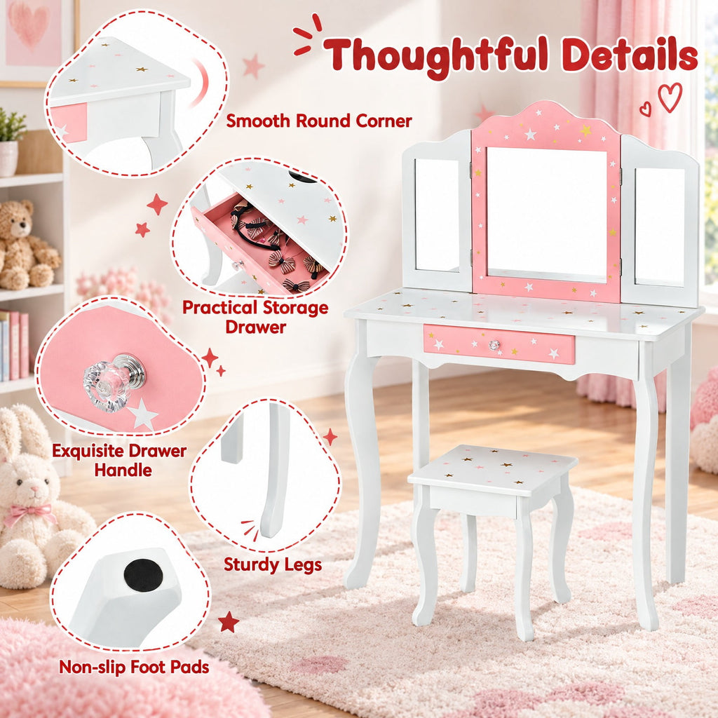 Airfind Kids Princess Vanity Table and Stool Set with Tri-folding Mirror and Drawer, 44 lbs Capacity, MDF Frame, White