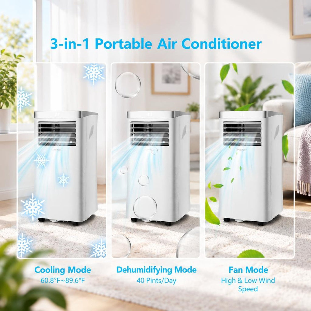 Airfind 8000 BTU 3-in-1 Portable Air Conditioner with Remote Control, 13 x 13 x 27.5 Footprint, White