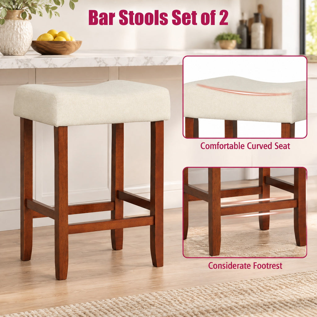 Airfind Set of 2 24 Inch Bar Stool with Curved Seat Cushions, 330 lbs Capacity, Rubber Wood Linen Fabric Sponge Frame, White