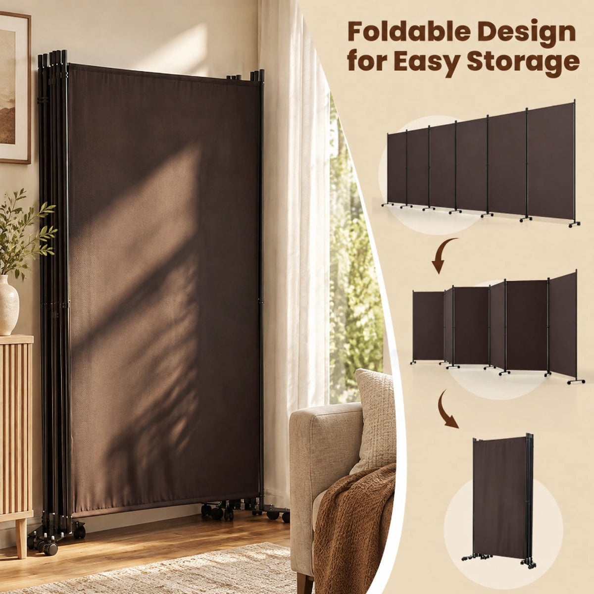 Airfind 6 Panel Folding Privacy Screen Room Divider with Wheels, Polyester Fabric Metal PP Frame, 205 x 12 x 71.5 Footprint, Coffee
