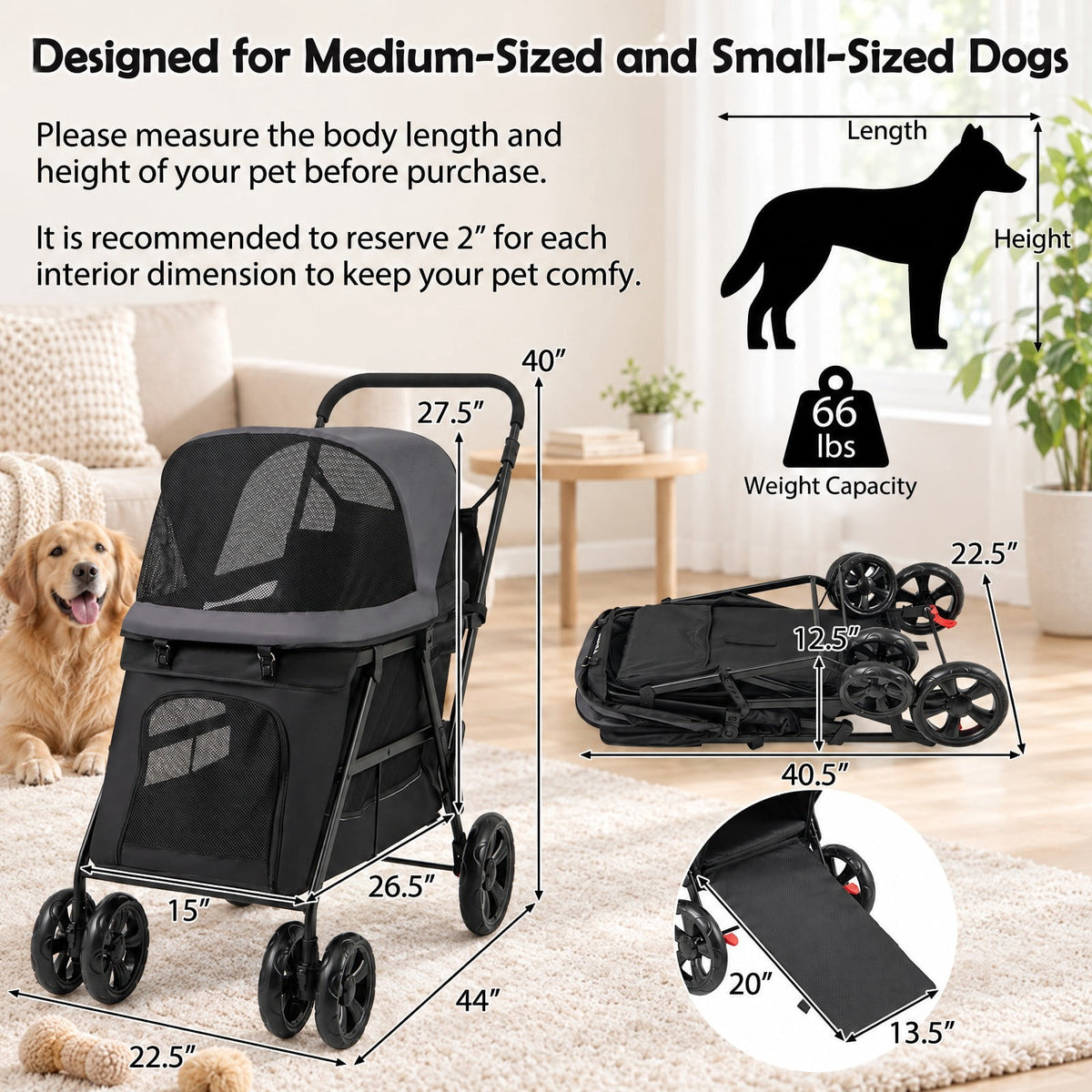 Airfind Dog Stroller for Medium Small Senior Elderly Dogs with Dual Entry, 66 lbs Capacity, 600D Oxford Fabric Mesh Metal Frame, Black