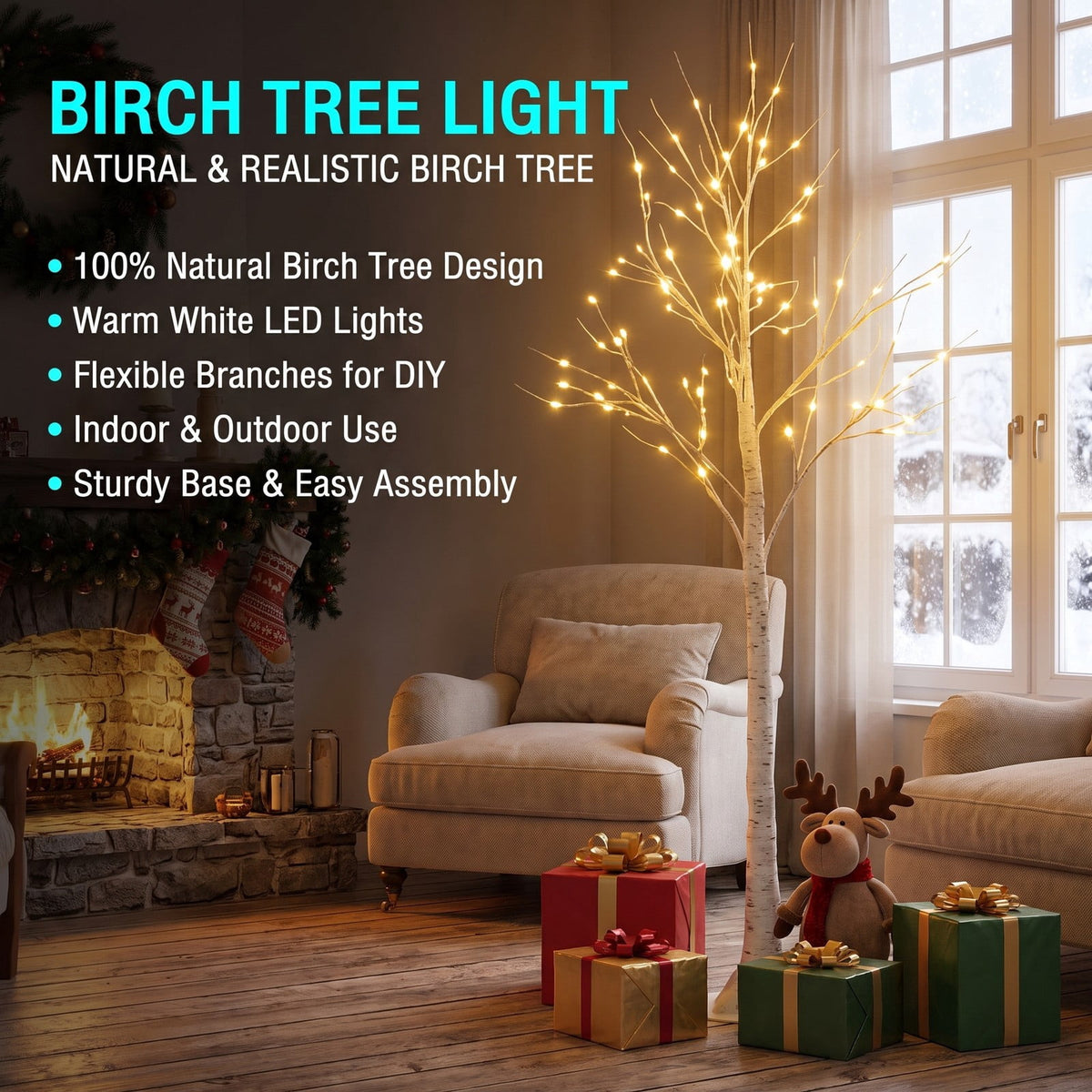 Airfind 5 Feet Pre-lit White Twig Birch Tree with 72 LED Lights for Christmas, metal plastic Height: 5 FT Frame, 8 Inch x 8 Inch Rated input Footprint