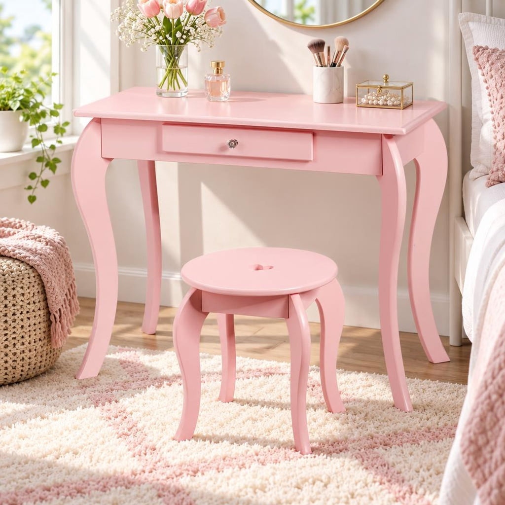 Airfind Kids Princess Makeup Dressing Play Table Set with Mirror, 33 lbs Capacity, MDF pine Frame, 27.5 Inch x 13.5 Inch x 41.5 Inch Footprint, Pink