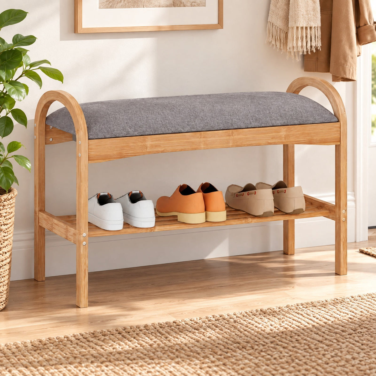 Airfind 2-Tier Bamboo Shoe Bench with Padded Cushion and Shelf, 330 lbs Capacity, Bamboo Polyester Fabric Sponge Frame, Gray