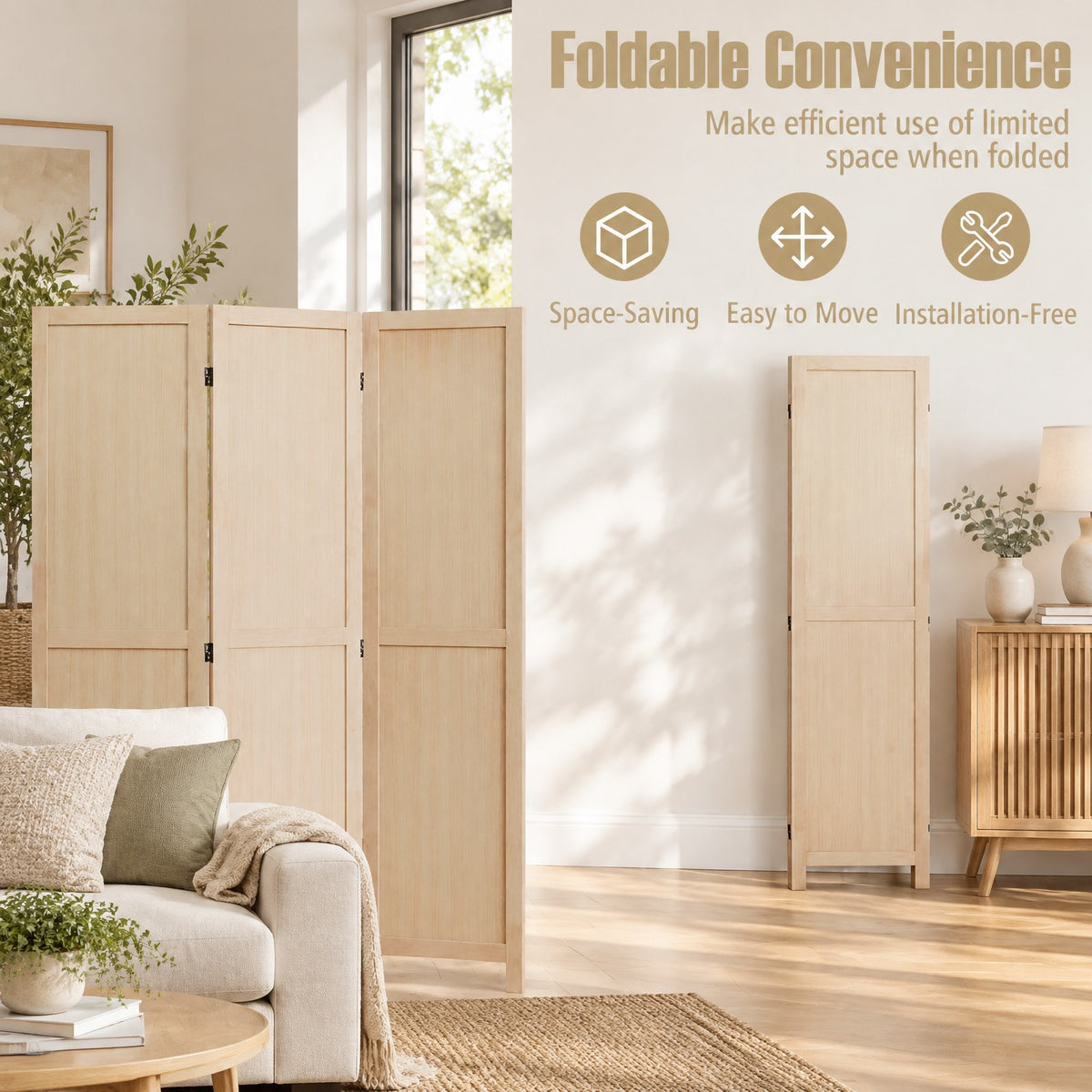 Airfind 3 Panel Folding Room Divider for Home Office Bedroom Restaurant, 53in x 67inFolded Footprint, Beige