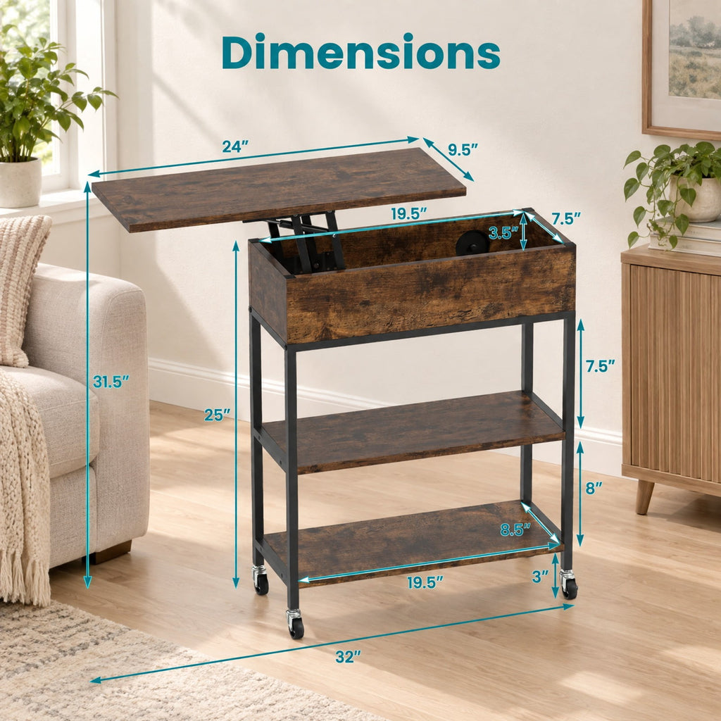 Airfind Lift Top End Table with Charging Station and Universal Wheels, 121 lbs Capacity, Engineered Wood Metal Frame, 24 x 9.5 x 25.5 Footprint