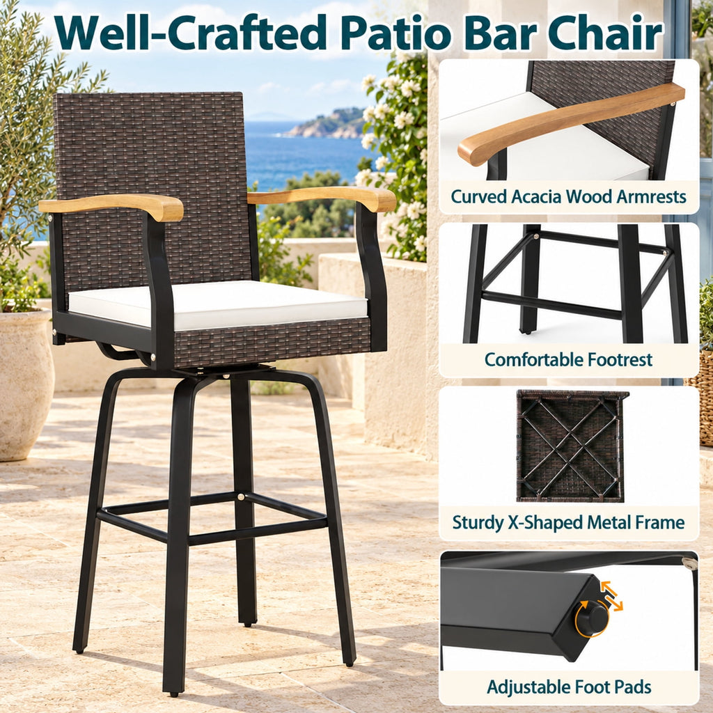 Airfind Set of 2 Outdoor 360° Swivel Bar Stool with Cushion and Acacia Wood Armrests, 400 lbs Capacity, Wood