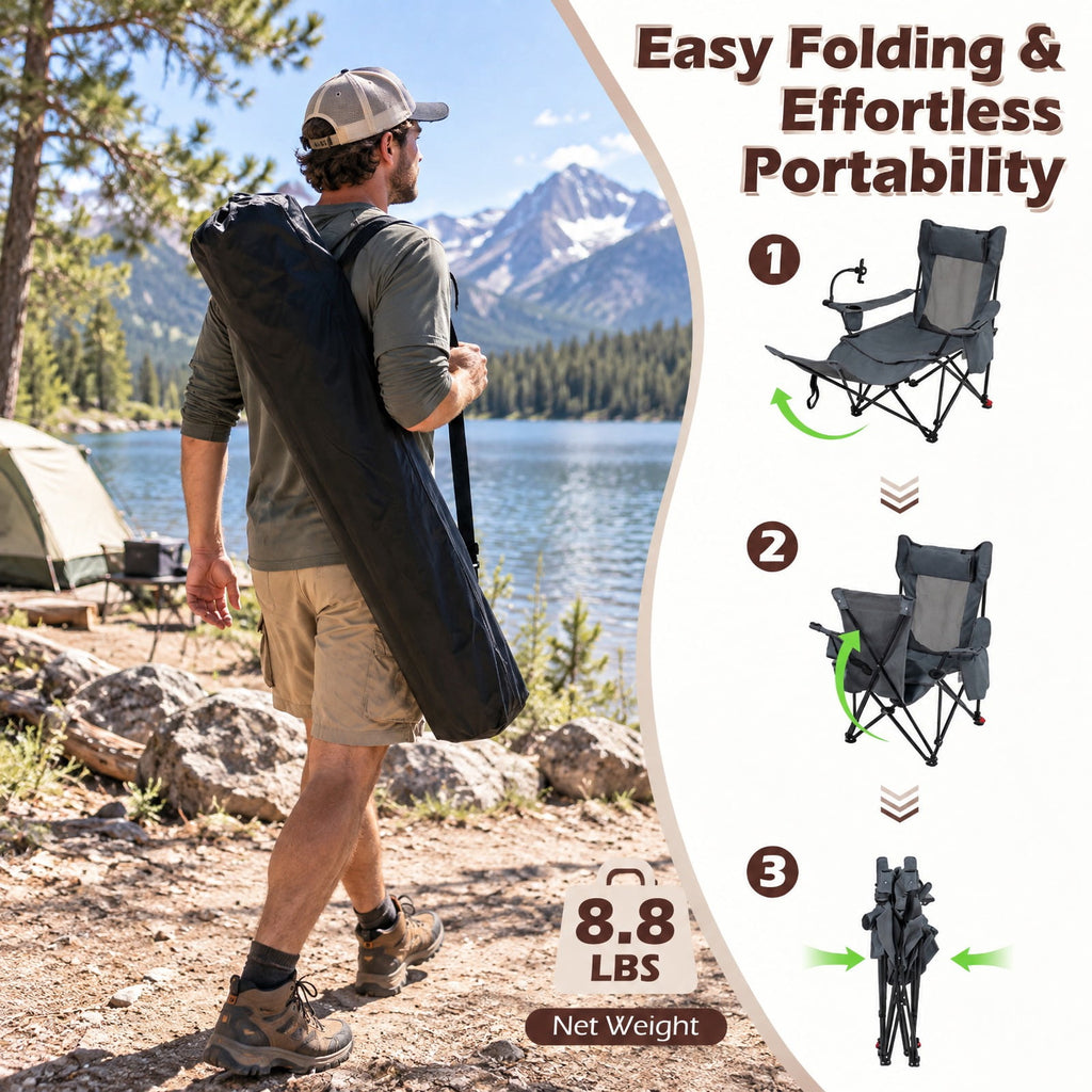 Airfind 2-in-1 Reclining Camping Chair with 3-Level Adjustable Backrest, 330 lbs Capacity, Fabric Metal Cotton Frame, 51.5 Inch x 32 Inch x 34.5 Inch Footprint
