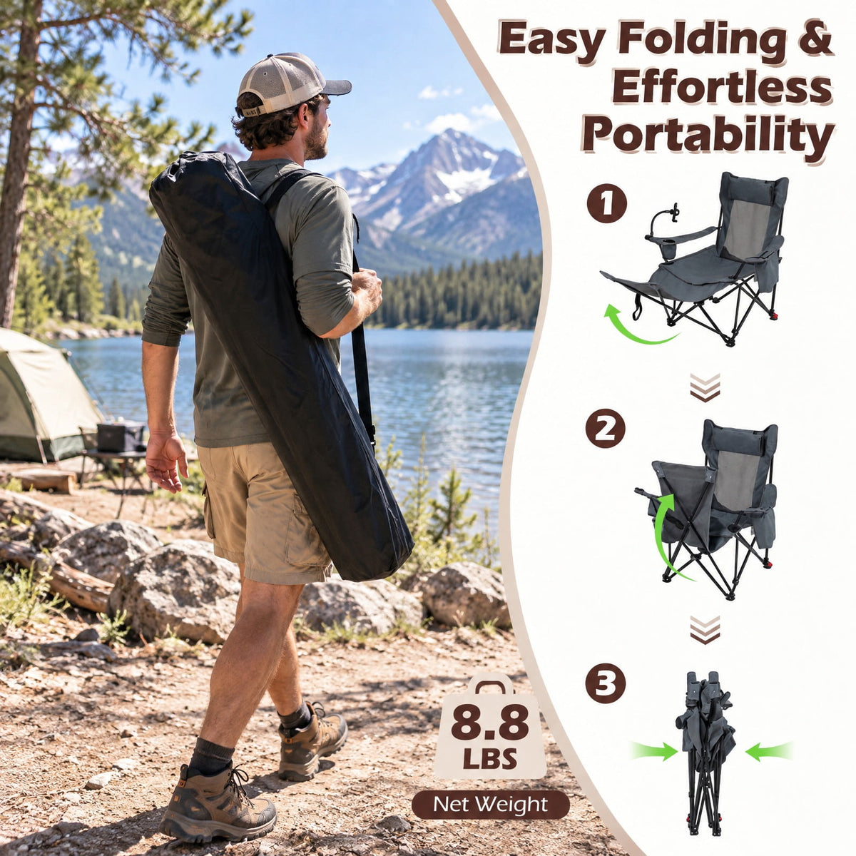 Airfind 2-in-1 Reclining Camping Chair with 3-Level Adjustable Backrest, 330 lbs Capacity, Fabric Metal Cotton Frame, 51.5 Inch x 32 Inch x 34.5 Inch Footprint