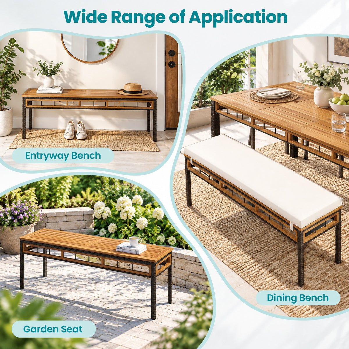 Airfind Wicker Patio Bench for 2 People 48invh Long Backless Dining Bench with Acacia Wood Seat, 800 lbs Capacity, Acacia Wood Frame, White