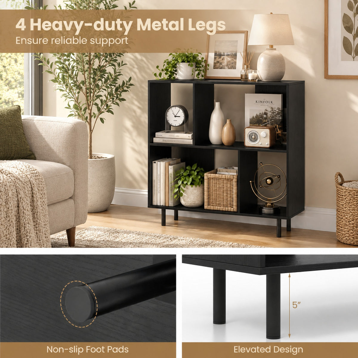 Airfind Open Shelf Bookcase with 4 Compartments, Black, 4-cube bookcase provides ample storage space, Assembly is required before use