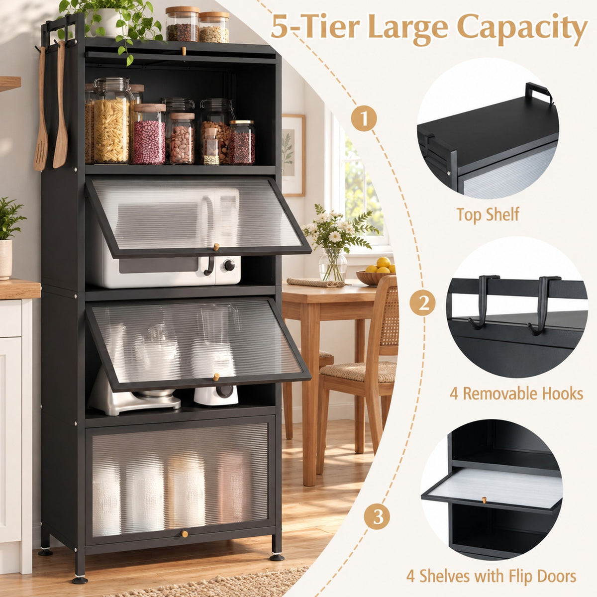 Airfind 5-Tier Kitchen Bakers Rack with Flip-up PC Doors, tier 33 lbs Capacity, Metal PC PP Gray Frame, 23.5 x 12.5 x 60.5 Footprint, Black