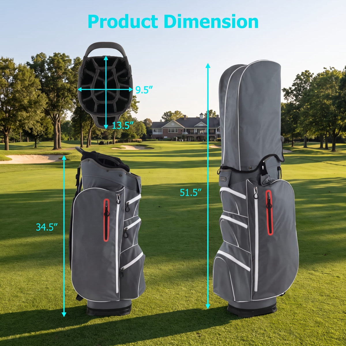 Airfind 9.5 Inch Lightweight Golf Cart Bag with 15 Way Top Dividers and 7 Zippegary Pockets and Cooler Bag and Rain Hood, Gray